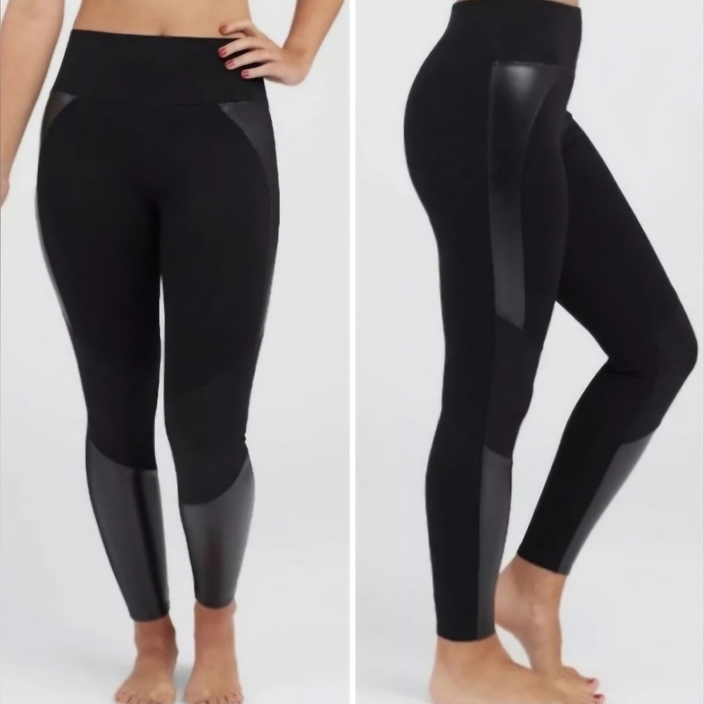 SPANX Black Leggings with Leather Accents